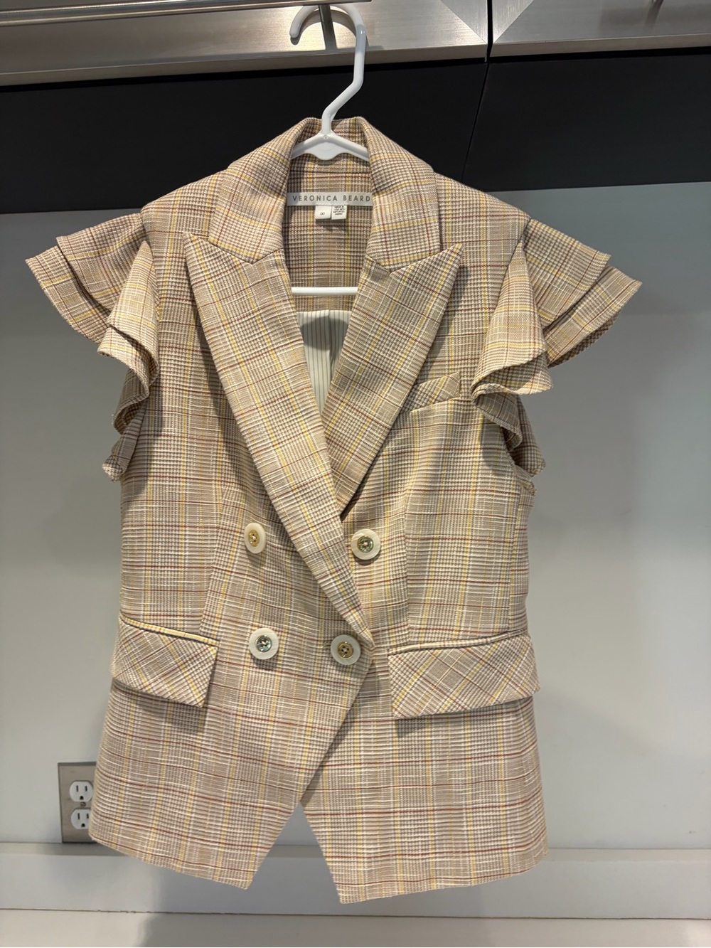 $595 Veronica Beard Janae Plaid Ruffle Blazer Jacket vest Khaki Multi Sz 00 - Picture 9 of 16